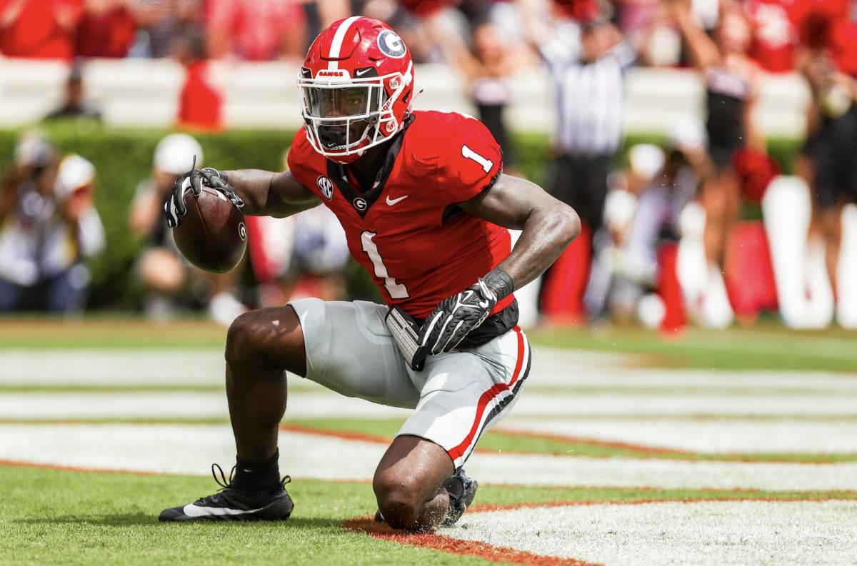 Georgia wide receiver Marcus Rosemy-Jacksaint during Georgia’s game against Ball State on Dooley Field at Sanford Stadium in Athens, Ga., on Saturday, Sept. 9, 2023. (Tony Walsh/UGAAA)
